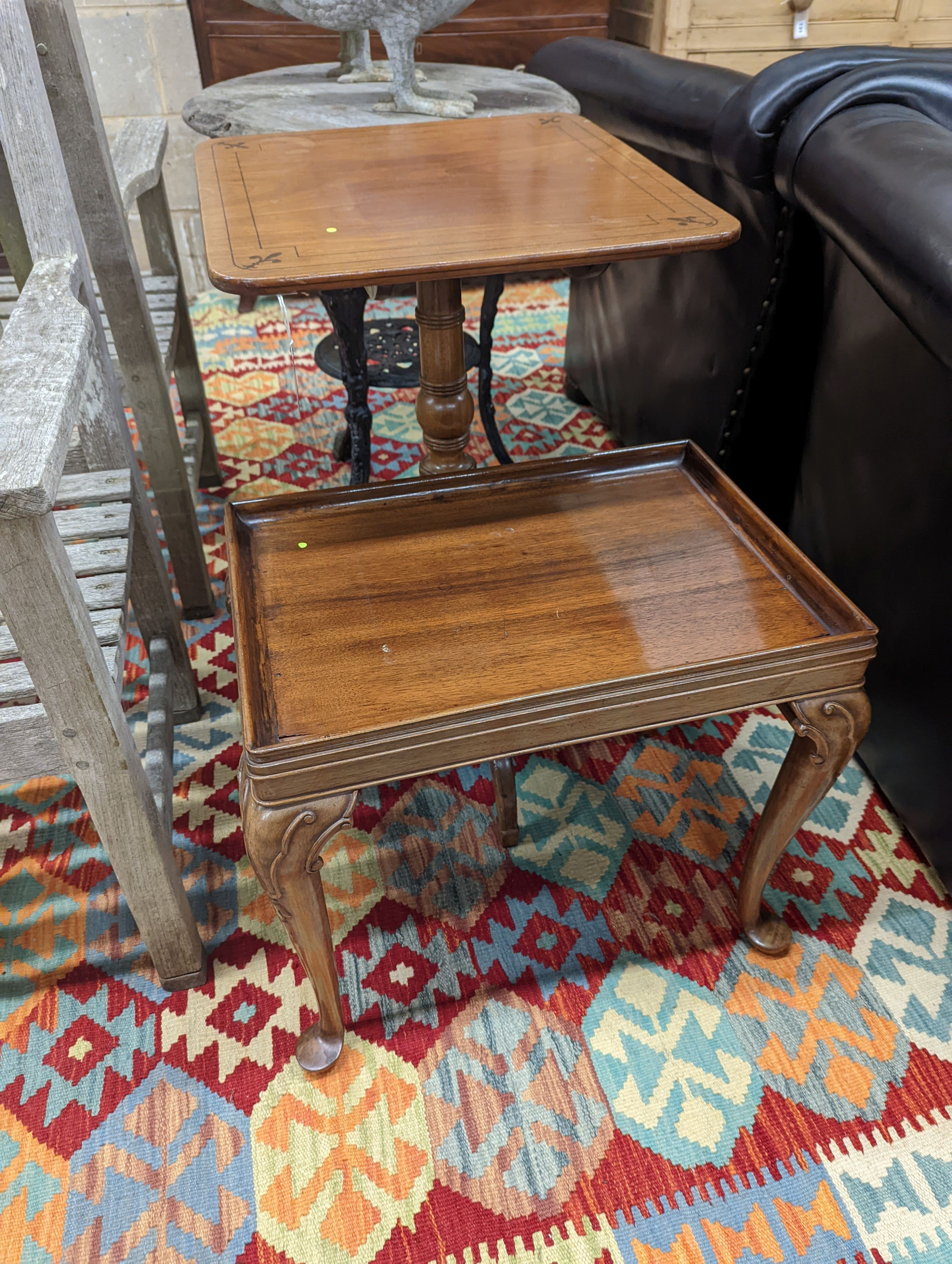 A George IV inlaid mahogany tilt top tripod wine table, width 45cm, depth 47cm, height 71cm together with a George II style rectangular mahogany occasional table